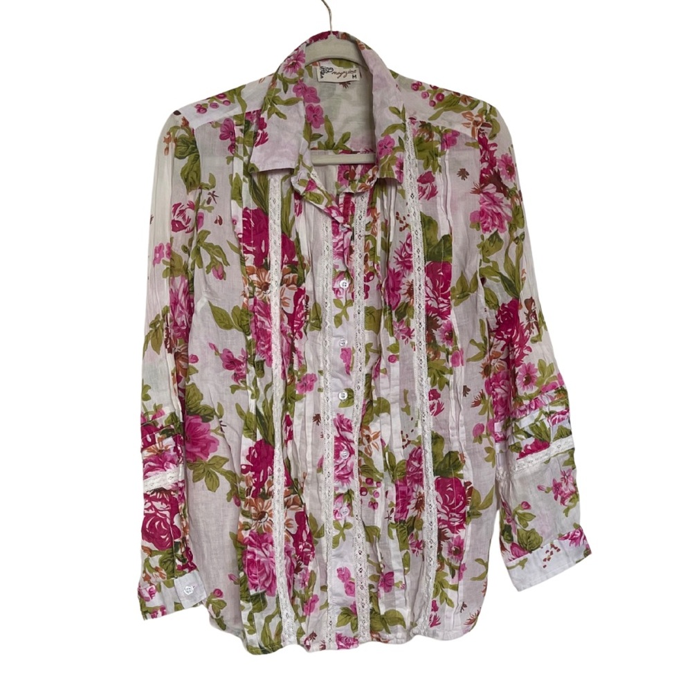 Magazine Cotton Pin Tuck and Lace Button Up Shirt
